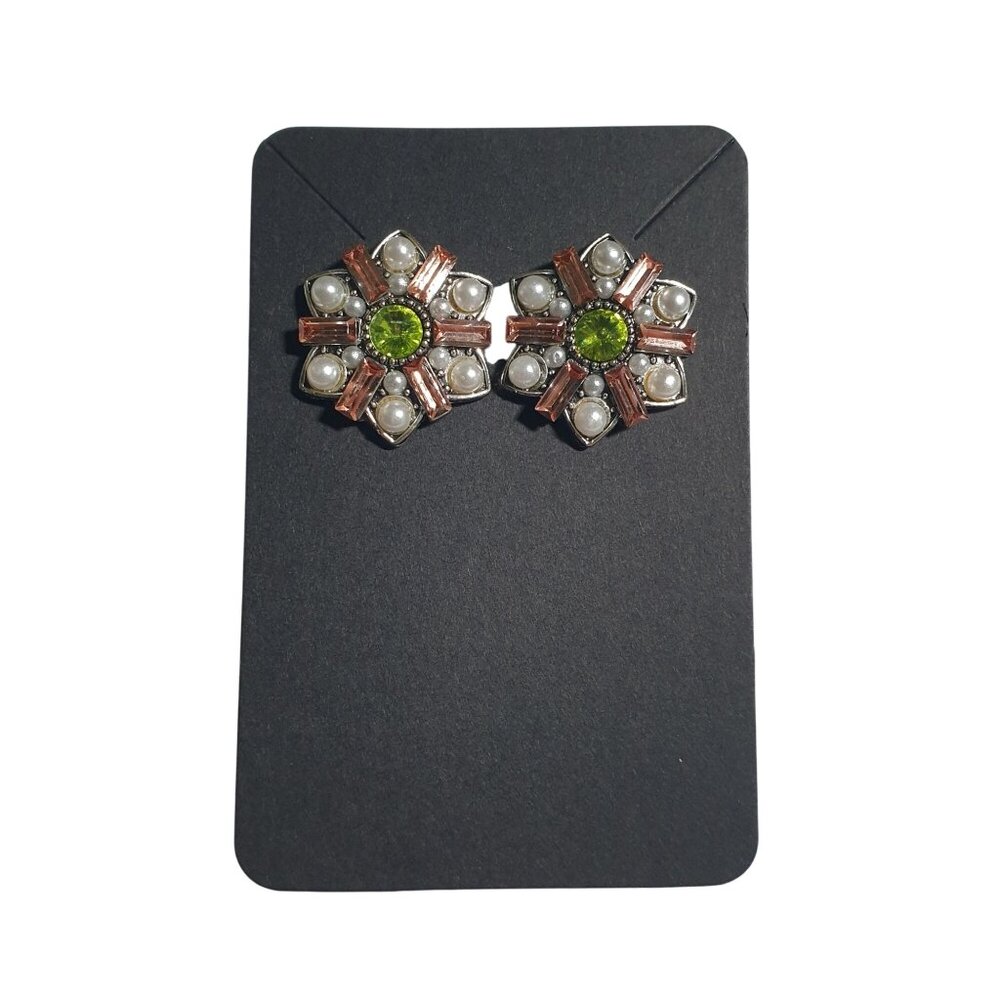 Floral Stud Rhinestone Faux Pearl Earrings  Silver Tone Grandma Mom Gift Retro